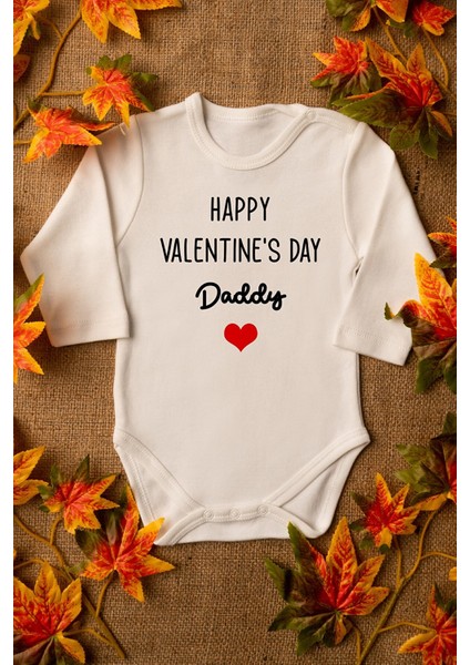 Happy Valentine's Day Daddy Yazılı Sevgililer Günü Bebek Body Ekru Badi Zıbın 8126