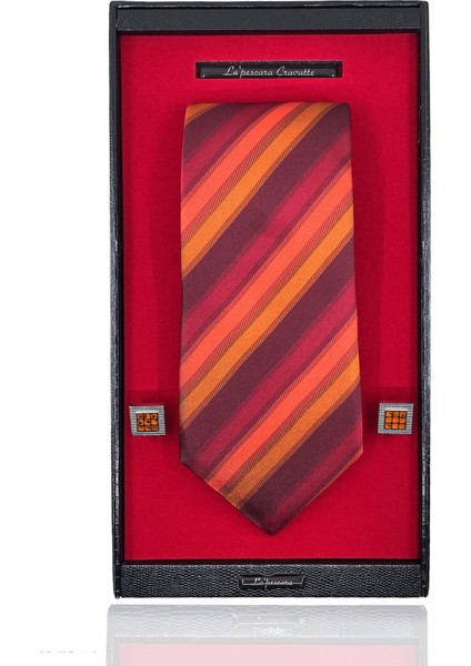 Kırmızı Italyan Ipek Kravat Çelik Kol Düğmesi Erkek Hediye Seti SKS22