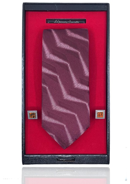 Bordo Italyan Ipek Kravat Çelik Kol Düğmesi Erkek Hediye Seti SKS02