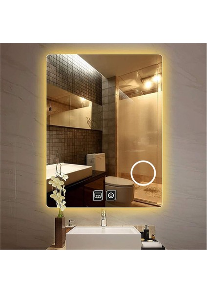 60X70 cm Makyaj Aynalı Dokunmatik Tuşlu Buğu Yapmayan Ledli Banyo Aynası