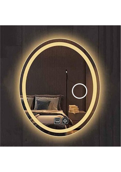 50X70 cm Makyaj Aynalı Dokunmatik Tuşlu Buğu Yapmayan Ledli Elips Banyo Aynası