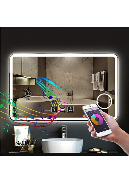 80X120 cm Bluetoothlu Makyaj Aynalı Buğu Yapmayan Ledli Banyo Aynası