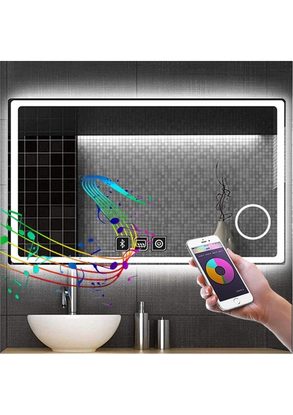 60X70 cm Bluetoothlu Makyaj Aynalı Buğu Yapmayan Ledli Banyo Aynası