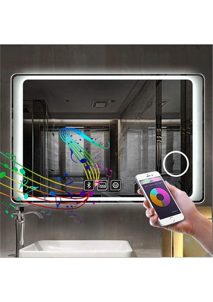 50X65 cm Bluetoothlu Makyaj Aynalı Buğu Yapmayan Ledli Banyo Aynası