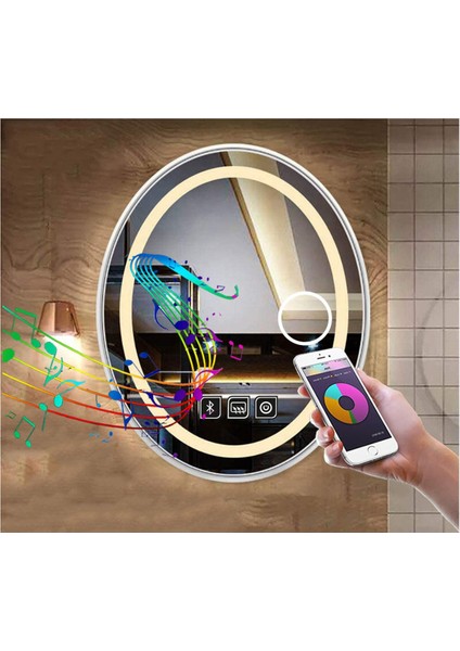 80X100 cm Bluetoothlu Makyaj Aynalı Buğu Yapmayan Ledli Elips Banyo Aynası