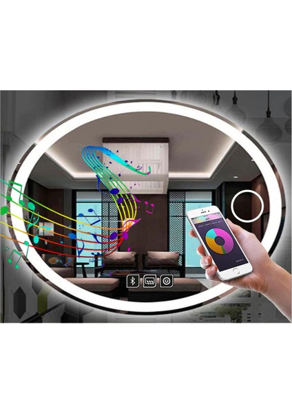 80X100 cm Bluetoothlu Makyaj Aynalı Buğu Yapmayan Ledli Elips Banyo Aynası