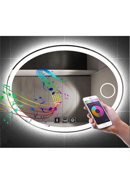 80X100 cm Bluetoothlu Makyaj Aynalı Buğu Yapmayan Ledli Elips Banyo Aynası