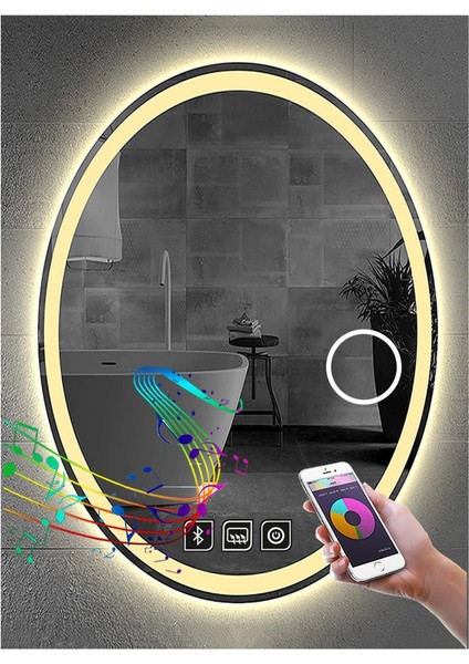 80X100 cm Bluetoothlu Makyaj Aynalı Buğu Yapmayan Ledli Elips Banyo Aynası