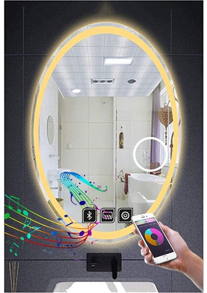 65X85 cm Bluetoothlu Makyaj Aynalı Buğu Yapmayan Ledli Elips Banyo Aynası