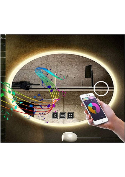 65X85 cm Bluetoothlu Makyaj Aynalı Buğu Yapmayan Ledli Elips Banyo Aynası