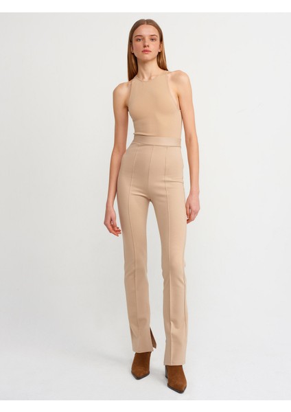 7008 Yırtmaç Detaylı Örme Pantolon-Camel