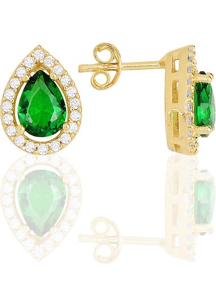 Gümüş Altın Yaldızlı Kök Zümrüt Taşlı Damla Modeli Küpe