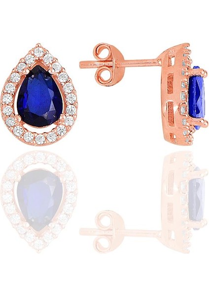 Gümüş Rose Safir Taşlı Damla Modeli Küpe