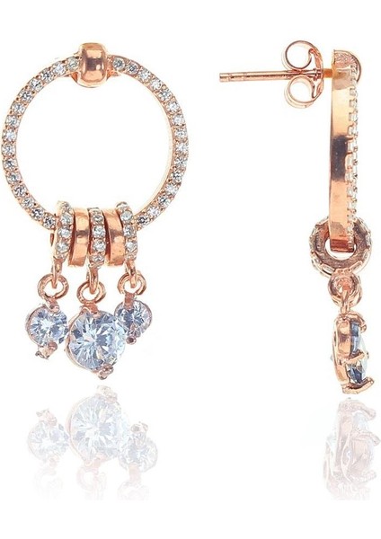 Gümüş Rose Zirkon Taşlı Sallantılı Ring Küpe