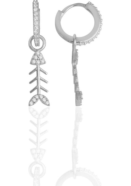 Gümüş Rodyumlu Zirkon Taşlı Balık Kılçığı Küpe