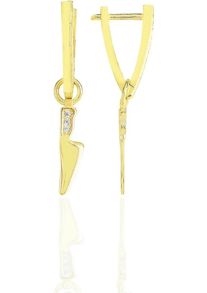 Gümüş Altın Yaldızlı Zirkon Taşlı Özel Tasarım V Bıçak Küpe