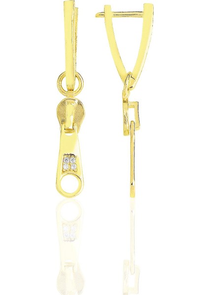 Gümüş Altın Yaldızlı Zirkon Taşlı Özel Tasarım Fermuar V Küpe