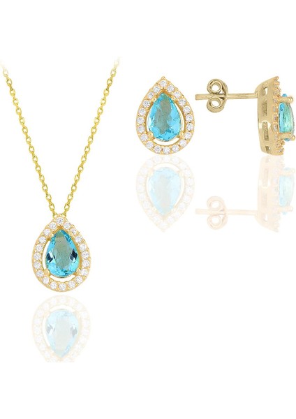 Gümüş Altın Yaldızlı Akuamarin Taşlı Damla Modeli Ikili Set