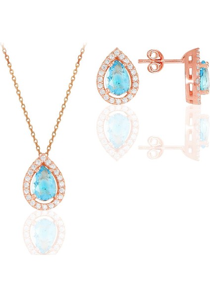 Gümüş Rose Akuamarin Taşlı Damla Modeli Ikili Set