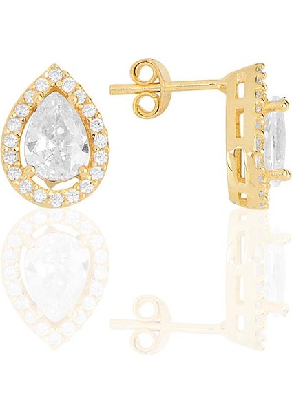 Gümüş Altın Yaldızlı Zirkon Taşlı Damla Modeli Küpe