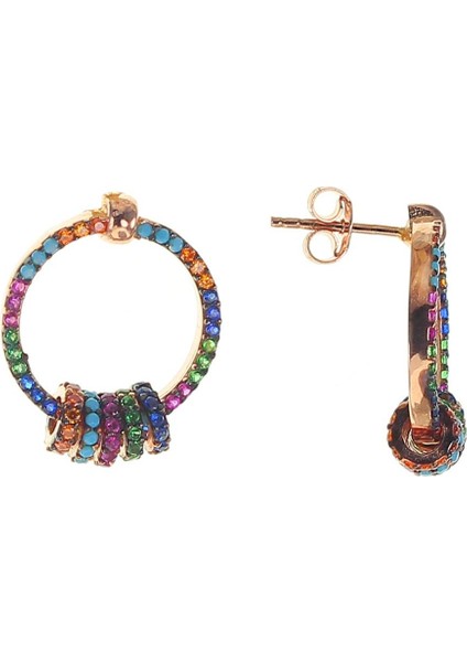 Gümüş Rose Renkli Zirkon Taşlı Çivili Ring Küpe