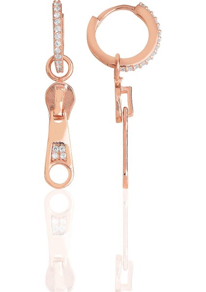 Gümüş Rose Zirkon Taşlı Özel Tasarım Fermuar Küpe