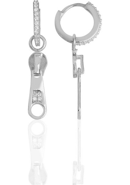 Gümüş Rodyumlu Zirkon Taşlı Özel Tasarım Fermuar Küpe