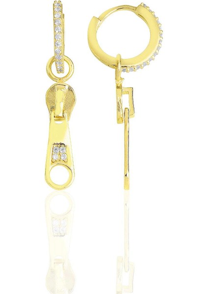 Gümüş Altın Yaldızlı Zirkon Taşlı Özel Tasarım Fermuar Küpe