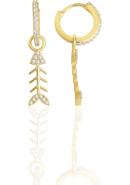 Gümüş Altın Yaldızlı Zirkon Taşlı Balık Kılçığı Küpe