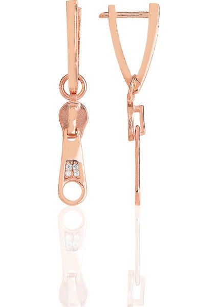 Gümüş Rose Zirkon Taşlı Özel Tasarım Fermuar V Küpe