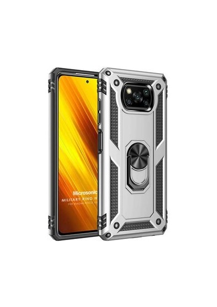 Xiaomi Poco X3 Tank Zırh Yüzüklü Mıknatıslı Standlı Kılıf Gümüş