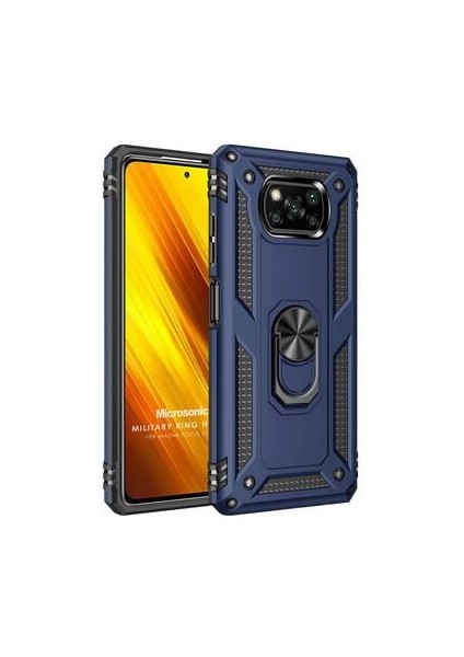 Xiaomi Poco X3 Tank Zırh Yüzüklü Mıknatıslı Standlı Kılıf Lacivert
