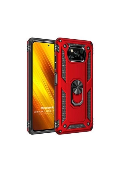 Xiaomi Poco X3 Tank Zırh Yüzüklü Mıknatıslı Standlı Kılıf Kırmızı