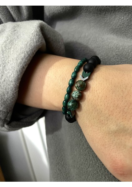 Unisex - Şık Tasarım Ceyd Taşı ile Dizayn Edilmiş 2li Doğal Taş Bileklik