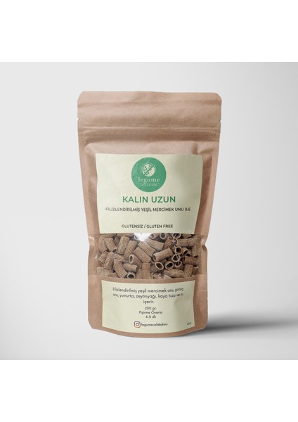 Glutensiz Filizlendirilmiş Bakliyat ve Yeşil Mercimek Unlu Kalın Uzun Makarna (200 gr)