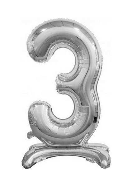 3 Yaş Gümüş Renkli Ayaklı Folyo Balon Rakam 32 Inç 80 cm