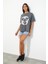 Kadın Baskılı Oversize T-Shirt Antrasit 2