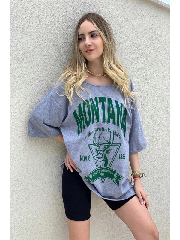 Trend Seninle Kadın Gri Montana Baskılı Oversize T-Shirt