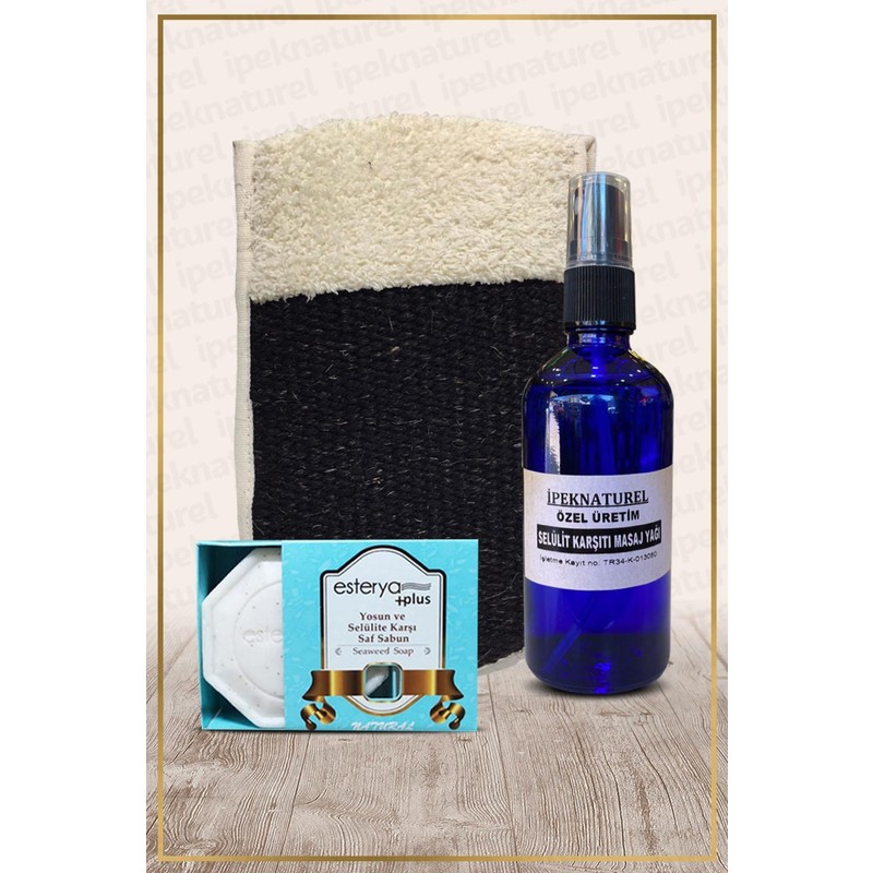 İpek Naturel Keçi Kılı Kesesi & Yağ Karışımı & Yosunlu Sabunu Setli