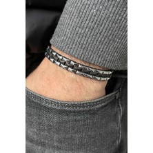 Frnch Hematit Taşlı Gümüş-Siyah Renkli Ayarlanabilir Makrome Erkek Bileklik FRJ11312-1412-AB2