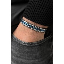 Frnch Hematit Taşlı Gümüş-Lacivert Renkli Ayarlanabilir Makrome Erkek Bileklik FRJ11312-1412-AL2