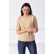Ferraro Camel Kare Yaka Çizgili Kadın Triko Kazak