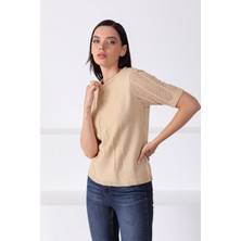 Ferraro Camel Kare Yaka Çizgili Kadın Triko Kazak