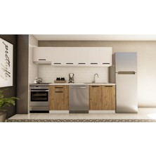 Visas Concept 260 cm Yelda Hazır Mutfak Dolabı Aspiratör Modüllü Beyaz ve Atlantik Çam TEZGAH DAHİL