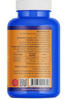 Mefa Naturals D3 + K2 200 Softgel 1000 Ünite D Vitamini 12.5 Mcg K2 Vitamini