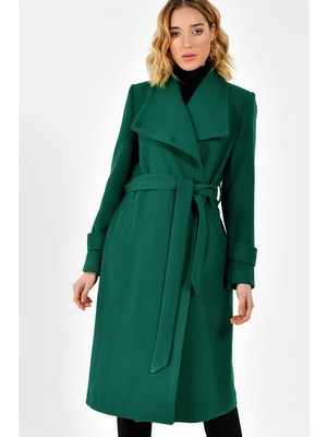Dewberry Kadın Palto Uzun Düz Desenli Açık Yeşil Polyester Viskon Karışımı