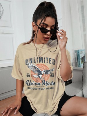 Trendseninle Kadın Vizon Unlimited Baskılı Oversize T-Shirt