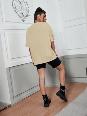 Trendseninle Kadın Vizon Unlimited Baskılı Oversize T-Shirt