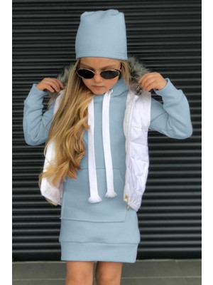 Riccotarz Kız Çocuk Şişme Yelekli Tozluk ve Bereli Kapüşonlu Mavi Elbise