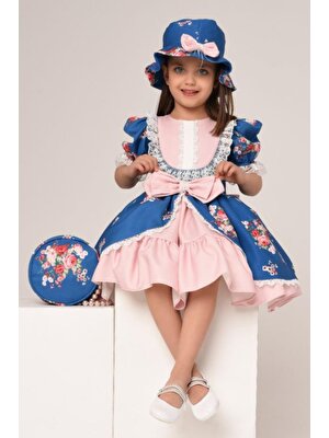 Riccotarz Kız Çocuk Fransız Dantel Işlemeli Önü Fiyonklu Çiçek Baskılı Çanta ve Şapkalı Mavi Elbise